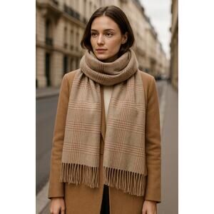 100% Cashmere Pashmina Plaid Wrap Oversized Scarf Taupe & Blush Check 72" x 29"